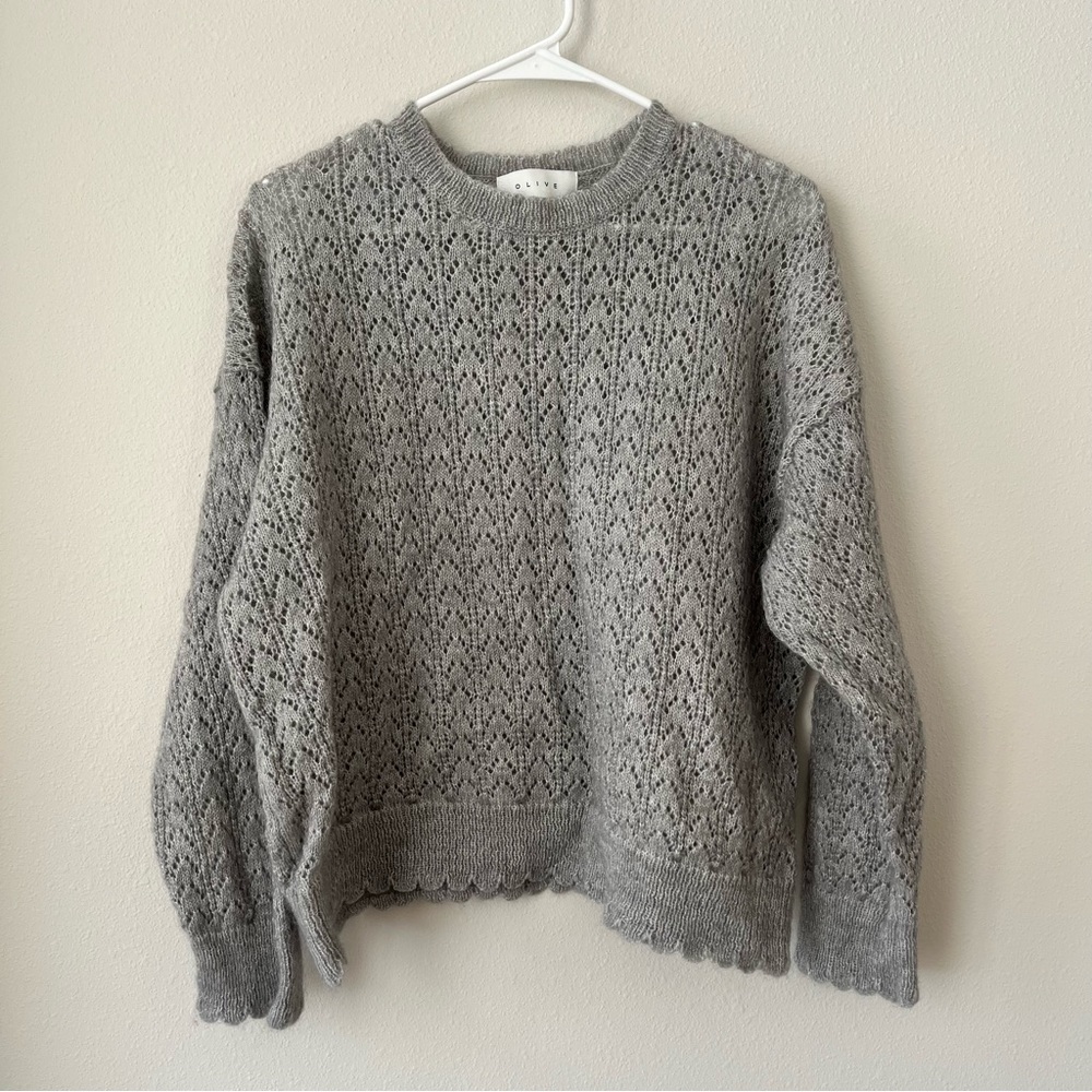 Olive Clothing Grey Wool-Blend Eyelet Sweater with Scalloped Hem